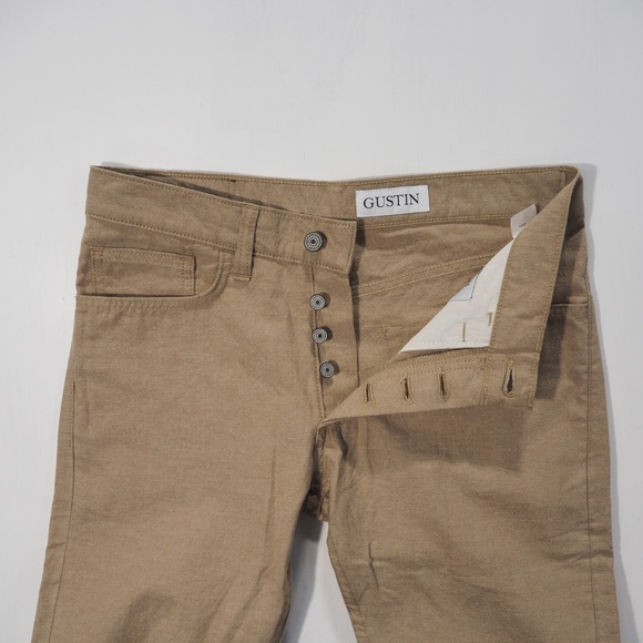 Gustin Jeans Mens 32 Tan Brown Japan Linen Chambray Five Pocket Button Fly Slim - Picture 10 of 11